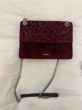 Karl Lagerfeld Wine Red Floral-Embossed Suede Chain Shoulder Bag